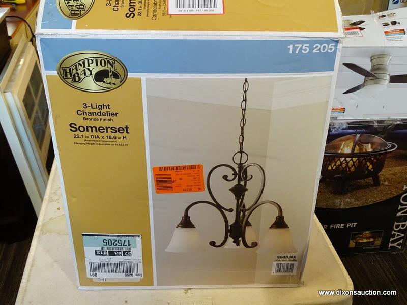 HAMPTON BAY SOMERSET BRONZE FINISHED 3-LIGHT CHANDELIER. NOTE, ONLY COMES WITH (2) GLASS SHADES.