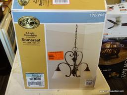 HAMPTON BAY SOMERSET BRONZE FINISHED 3-LIGHT CHANDELIER. NOTE, ONLY COMES WITH (2) GLASS SHADES.