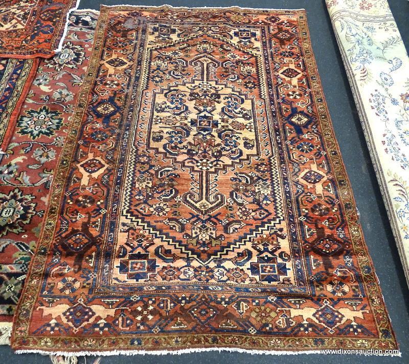 IRAN ZANJAN RUG. MEASURES 4'1" X 6'3". MOTH WEAR IN CORNER.