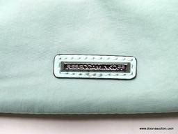 REBECCA MINKOFF MINT GREEN HAND BAG WITH METAL STUD DETAILING AND SIDE SNAPS. MEASURES APPROX. 14" X
