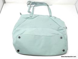 REBECCA MINKOFF MINT GREEN HAND BAG WITH METAL STUD DETAILING AND SIDE SNAPS. MEASURES APPROX. 14" X