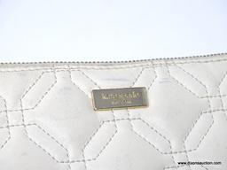 KATE SPADE CREAM COLORED QUILTED LEATHER CLUTCH. MEASURE APPROX. 8" X 5". SHOWS SIGNS OF WEAR.
