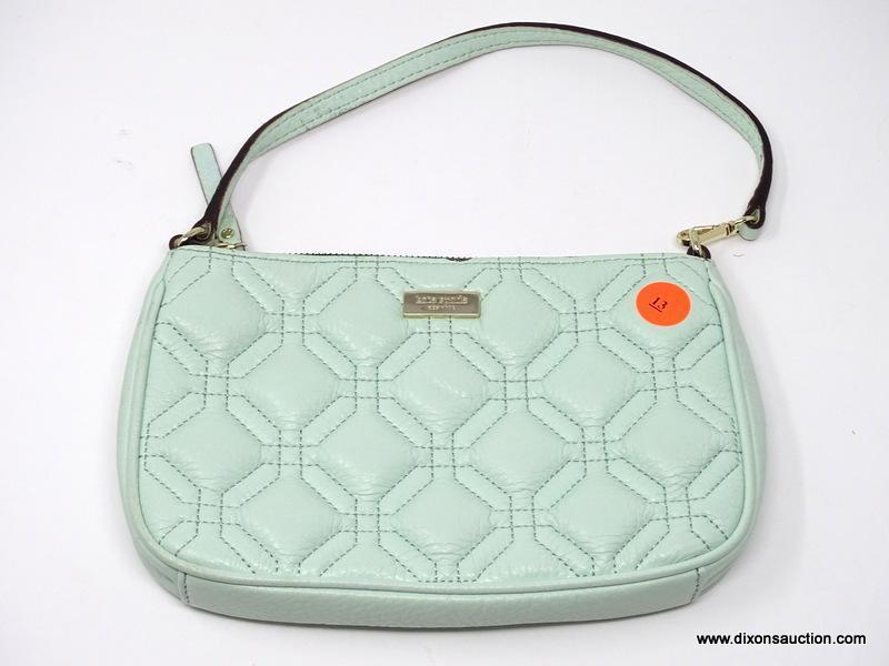 KATE SPADE MINT GREEN COLORED QUILTED LEATHER CLUTCH. MEASURES APPROX. 8" X 5". SHOWS SIGNS OF WEAR.