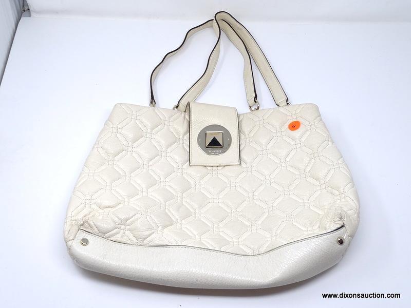 KATE SPADE OFF-WHITE COLORED QUILTED LEATHER HANDBAG WITH GOLD TONE FRONT LATCH. MEASURES 15" X 9".