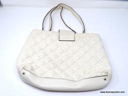 KATE SPADE OFF-WHITE COLORED QUILTED LEATHER HANDBAG WITH GOLD TONE FRONT LATCH. MEASURES 15" X 9".