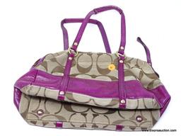 COACH BROWN AND PURPLE LOGO HANDBAG WITH CENTER ZIPPER. MEASURES APPROX. 13" X 8". SHOWS SIGNS OF