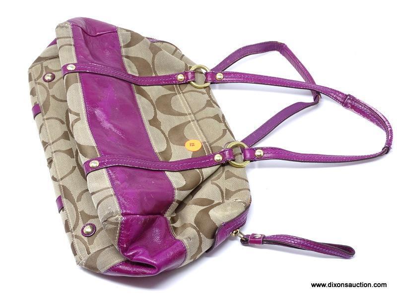 COACH BROWN AND PURPLE LOGO HANDBAG WITH CENTER ZIPPER. MEASURES APPROX. 13" X 8". SHOWS SIGNS OF