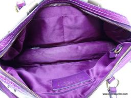 COACH BROWN AND PURPLE LOGO HANDBAG WITH CENTER ZIPPER. MEASURES APPROX. 13" X 8". SHOWS SIGNS OF