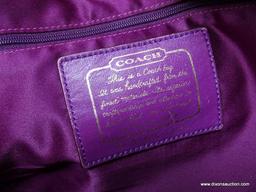 COACH BROWN AND PURPLE LOGO HANDBAG WITH CENTER ZIPPER. MEASURES APPROX. 13" X 8". SHOWS SIGNS OF