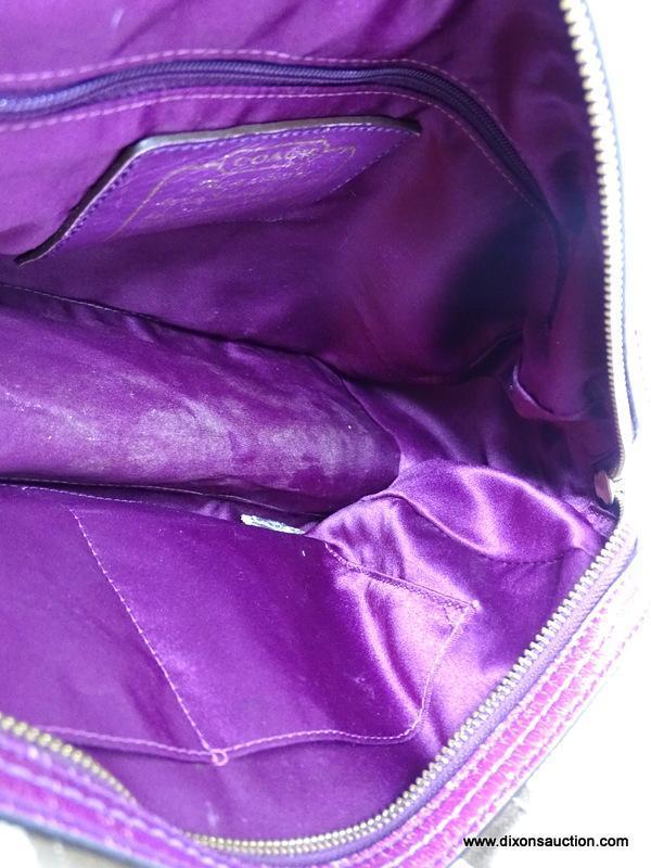 COACH BROWN AND PURPLE LOGO HANDBAG WITH CENTER ZIPPER. MEASURES APPROX. 13" X 8". SHOWS SIGNS OF