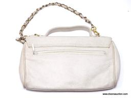 MOSCHINO BEIGE COLORED HEART QUILTED LEATHER CLUTCH/HANDBAG WITH FRONT FLAP. MEASURES APPROX. 9" X