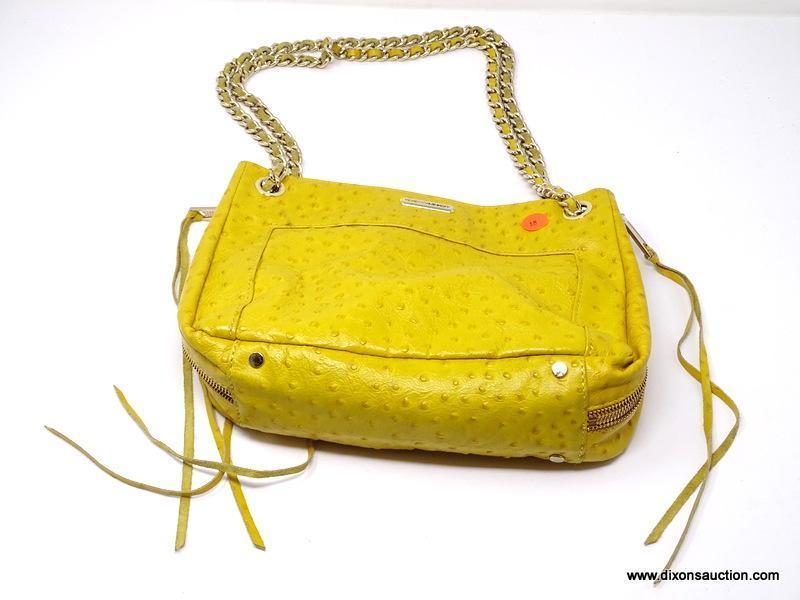 REBECCA MINKOFF MUSTARD YELLOW COLORED LEATHER HANDBAG WITH CHAIN STRAPS AND EXPANDABLE SIDE