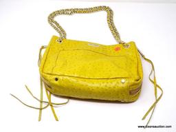 REBECCA MINKOFF MUSTARD YELLOW COLORED LEATHER HANDBAG WITH CHAIN STRAPS AND EXPANDABLE SIDE