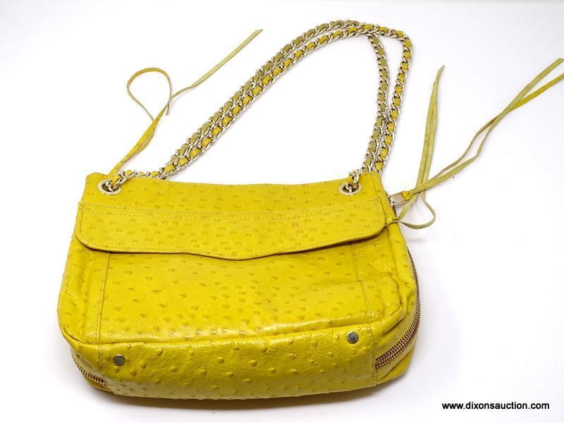 REBECCA MINKOFF MUSTARD YELLOW COLORED LEATHER HANDBAG WITH CHAIN STRAPS AND EXPANDABLE SIDE