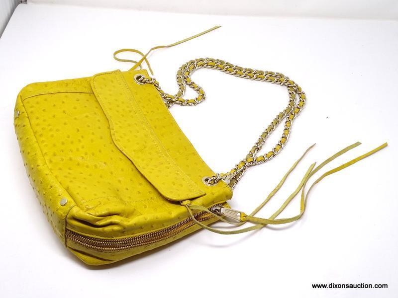 REBECCA MINKOFF MUSTARD YELLOW COLORED LEATHER HANDBAG WITH CHAIN STRAPS AND EXPANDABLE SIDE