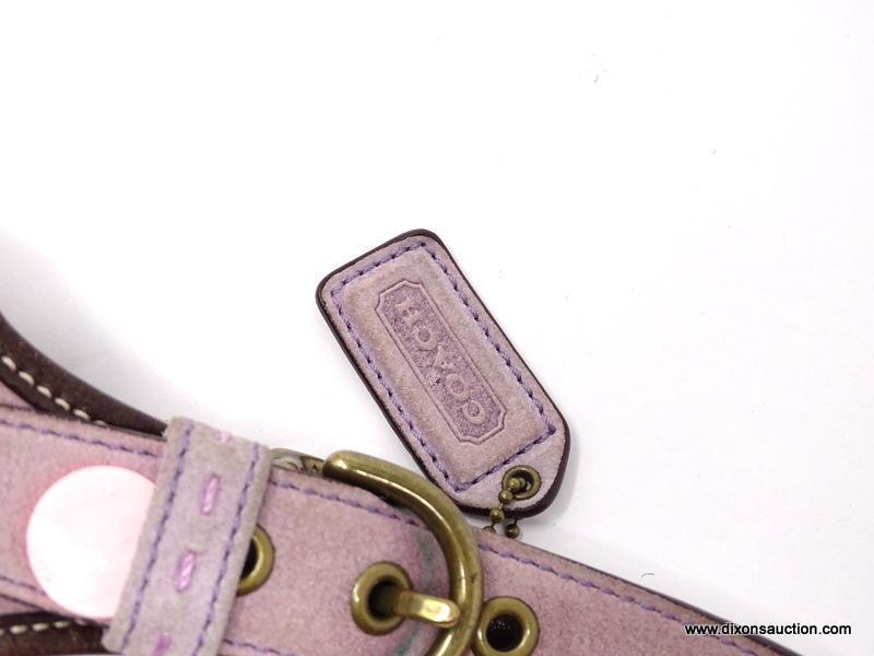 COACH PALE PURPLE HANDBAG WITH BROWN LEATHER DETAILING AND ZIPPER CLOSURE. MEASURES APPROX. 13" X