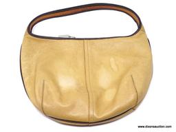 COACH TAN LEATHER HANDBAG WITH BROWN LEATHER TRIM. MEASURES APPROX. 13.5" X 9". SHOWS SIGNS OF WEAR.
