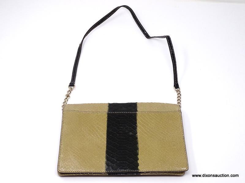 KATE SPADE BEIGE AND BLACK SNAKE SKIN PATTERN SHOULDER BAG. MEASURES APPROX. 9.5" X 6". SHOWS SIGNS