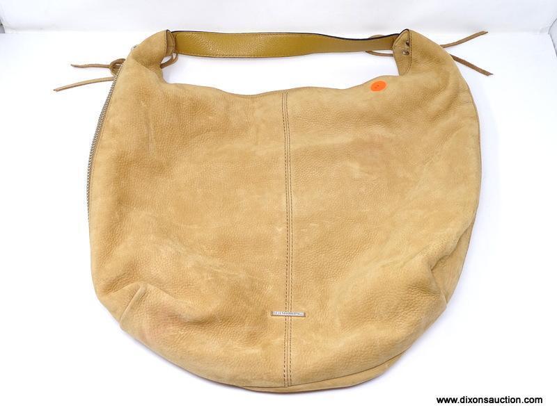 REBECCA MINKOFF TAN SUEDE HOBO SHOULDER BAG WITH SIDE ZIPPER. MEASURES APPROX. 18.5" X 14". SHOWS