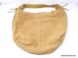 REBECCA MINKOFF TAN SUEDE HOBO SHOULDER BAG WITH SIDE ZIPPER. MEASURES APPROX. 18.5" X 14". SHOWS