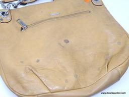 REBECCA MINKOFF TAN HANDBAG WITH METAL STUDS AND STRAP. MEASURES APPROX. 15.5" X 12". SHOWS SIGNS OF