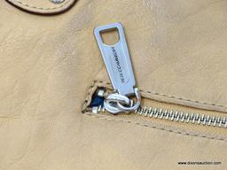 REBECCA MINKOFF TAN HANDBAG WITH METAL STUDS AND STRAP. MEASURES APPROX. 15.5" X 12". SHOWS SIGNS OF