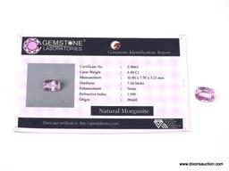 4.40 CT CUSHION CUT SRI LANKA MORGANITE. 10X7X5 GIR CERT.