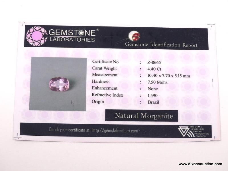 4.40 CT CUSHION CUT SRI LANKA MORGANITE. 10X7X5 GIR CERT.