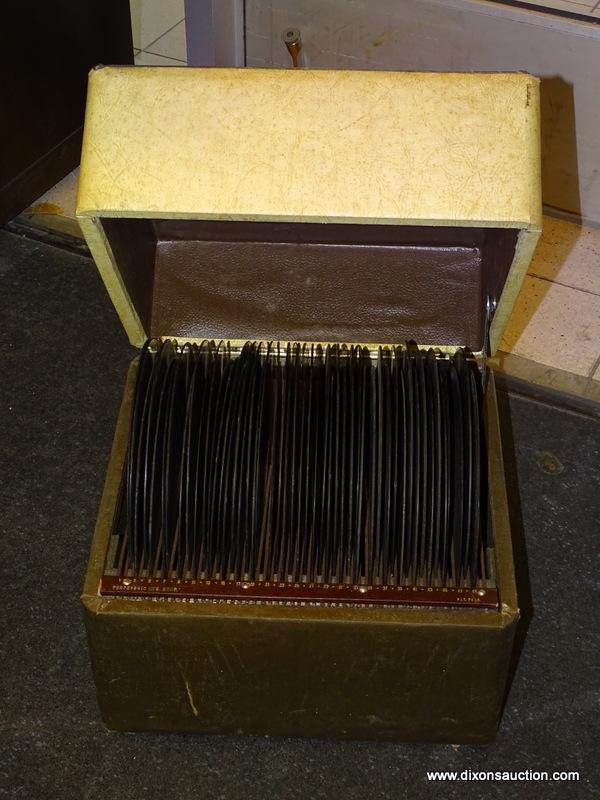 RECORD CONTAINER WITH CONTENTS TO INCLUDE ASSORTED PHONOGRAPH RECORDS WITH TITLES SUCH AS EVERY DOG