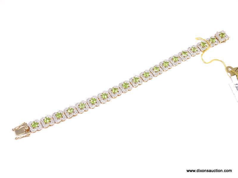 .925 SILVER PERIDOT & WHITE TOPAZ BRACELET WITH YELLOW GOLD OVERLAY. 19 SQUARE PERIDOT APPROX.