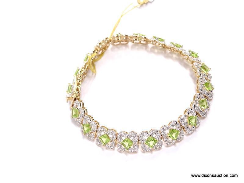 .925 SILVER PERIDOT & WHITE TOPAZ BRACELET WITH YELLOW GOLD OVERLAY. 19 SQUARE PERIDOT APPROX.