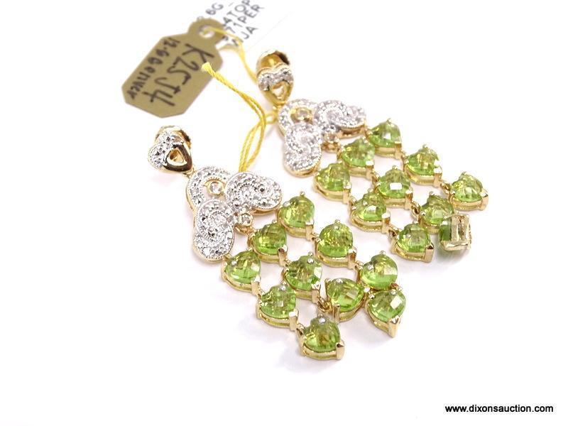 .925 SILVER PERIDOT & WHITE TOPAZ DANGLE EARRINGS WITH YELLOW GOLD OVERLAY. 20 HEART PERIDOTS