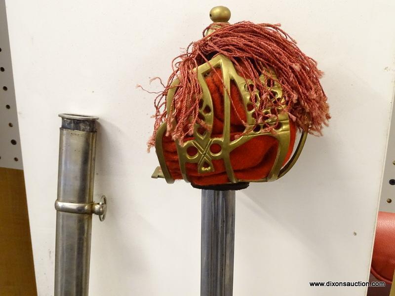 (SC) BASKET HANDLE SWORD; HAS A SOLID BRASS BASKET STYLE HANDLE WITH RED VELVET LINER, LEATHER AND