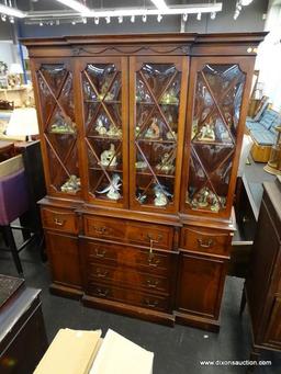 SAGINAW FURNITURE MAHOGANY 2 PIECE CHINA CABINET WITH DROP DOWN BUTLERS DESK. TOP SECTION HAS 4