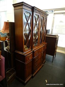 SAGINAW FURNITURE MAHOGANY 2 PIECE CHINA CABINET WITH DROP DOWN BUTLERS DESK. TOP SECTION HAS 4