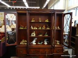 SAGINAW FURNITURE MAHOGANY 2 PIECE CHINA CABINET WITH DROP DOWN BUTLERS DESK. TOP SECTION HAS 4