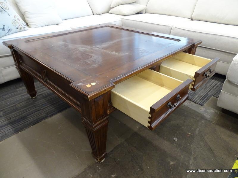 LANE SQUARE MAHOGANY COFFEE TABLE WITH REEDED TAPERED LEGS AND 1 DRAWER. MEASURES 44 IN X 44 IN X 20