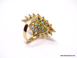 .925 & 14KT GOLD OVERLAY; BREATHTAKING WHEATED LARGE DESIGNER COCKTAIL RING. AFRICAN OVAL CENTER