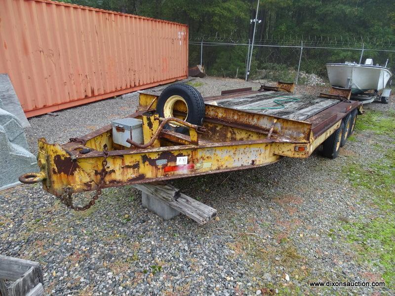 HEAVY DUTY 20' FLATBED 6-WHEELED EQUIPMENT TRAILER WITH RAMPS. HEAVILY RUSTED AND WOOD FLOOR NEEDS