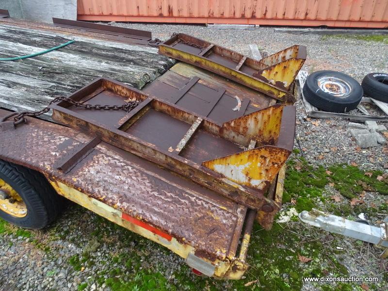 HEAVY DUTY 20' FLATBED 6-WHEELED EQUIPMENT TRAILER WITH RAMPS. HEAVILY RUSTED AND WOOD FLOOR NEEDS