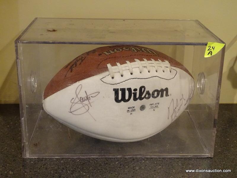 (BAS) SIGNED WILSON FOOTBALL IN PROTECTIVE CASE SIGNED BY JOE MONTANA, JOHN SHULE, AND OTHERS. ITEM
