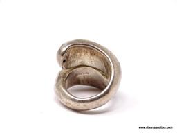 .925 STERLING SILVER HAMMERED MODERNIST RING. MARKED ON THE INSIDE "925 & THAI". RING SIZE IS