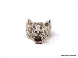 .925 STERLING SILVER OPEN MOUTH TIGER RING. MARKED ON THE INSIDE "925". WEIGHS APPROX. 7.83 GRAMS.