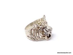 .925 STERLING SILVER OPEN MOUTH TIGER RING. MARKED ON THE INSIDE "925". WEIGHS APPROX. 7.83 GRAMS.