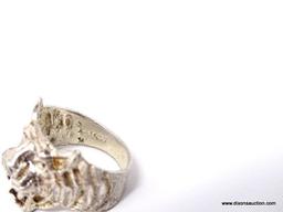 .925 STERLING SILVER OPEN MOUTH TIGER RING. MARKED ON THE INSIDE "925". WEIGHS APPROX. 7.83 GRAMS.