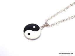 .925 STERLING SILVER YING-YANG PENDANT DISPLAYED ON .925 STERLING CIRCLE LINK CHAIN. MARKED ON THE