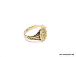VINTAGE 10K YELLOW GOLD MONOGRAMMED RING WITH DETAILING. RING SIZE IS APPROX. 7. WEIGHS APPROX. 2.80