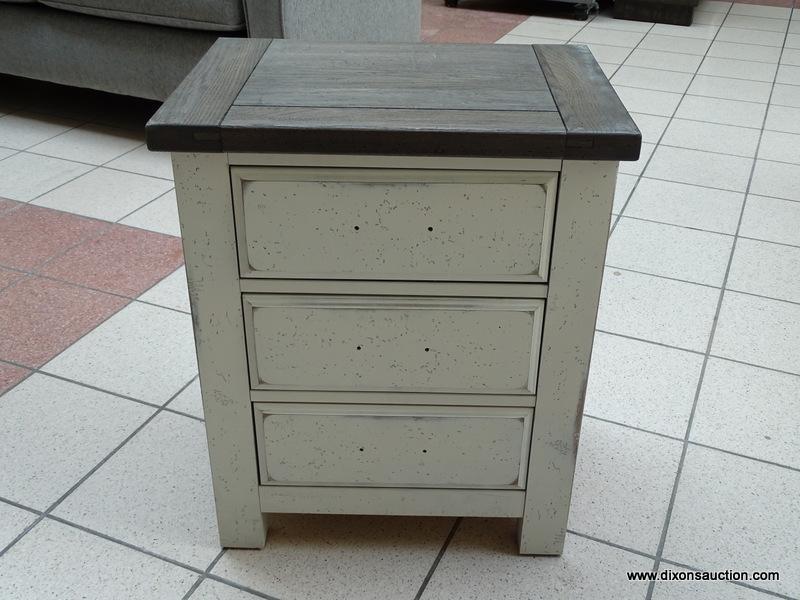 VAUGHAN-BASSETT CHESTNUT CREEK TWO-TONE NIGHTSTAND. RUSTIC CASUAL STYLING WITH GENTLY DISTRESSED