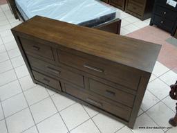 ASPENHOME MODERN LOFT 6 DRAWER ASYMMETRICAL DRESSER IN BROWN. BEAUTIFUL MINDI VENEERS WITH A