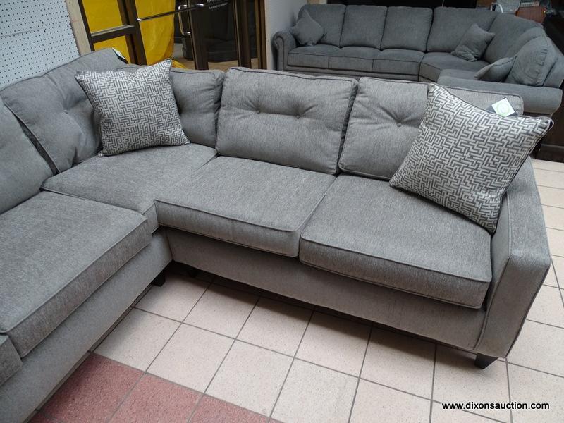 PEAK-LIVING PEWTER UPHOLSTERED 2-PIECE SECTIONAL WITH 3 DECORATIVE ACCENT PILLOWS AND BUTTON TUFTED